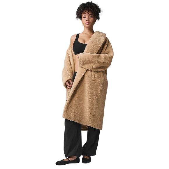 Alo Yoga Oversized Open Front Faux Shearling Sherpa Trench Coat Camel XXS - Picture 1 of 10